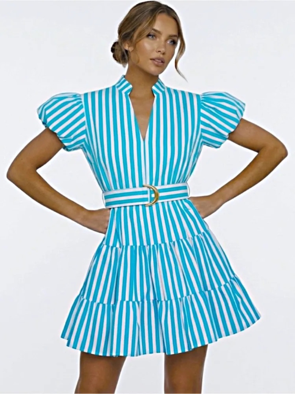 Lusana Blue and white mini dress with belt